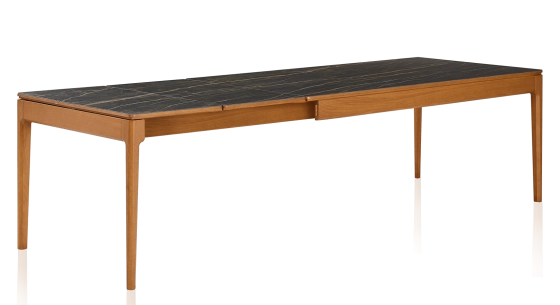 Extendable oak and ceramic table for 6 to 10 people with ceramic extensions with cherry-stained wood and black marble-effect ceramic top and extensions 140x90 cm