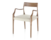 Chaise scandinave avec accoudoirs bois teinte noyer assise tissu chevron beige Chaise scandinave avec accoudoirs bois teinte noyer assise tissu chevron beige