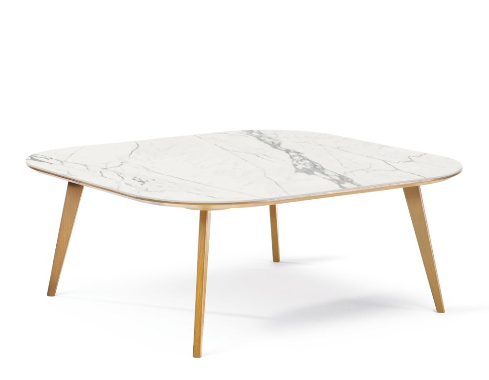 Table basse carré aux angles arrondis F2 en chêne et céramique bois teinte naturelle plateau céramique effet marbre blanc 120x120x40 cm