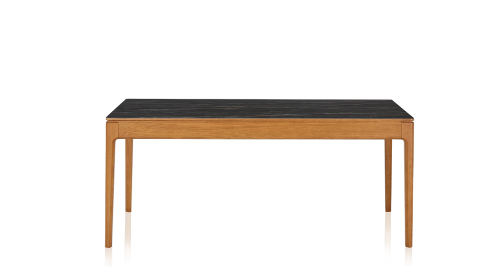 Table extensible 8 à 12 personnes en chêne et céramique allonges céramique avec bois teinte merisier et plateau et allonges céramique effet marbre noir 160x100 cm