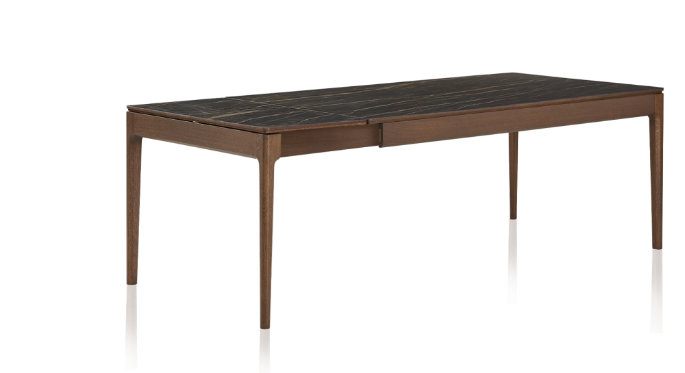 Table extensible 8 à 14 personnes en chêne et céramique allonges céramique avec bois teinte marron foncé et plateau et allonges céramique effet marbre noir 210x100 cm