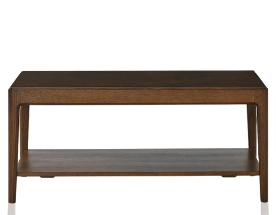 Table basse rectangulaire en chêne et céramique avec tablette en bois teinte marron foncé plateau céramique brun oxydé 100x50 cm