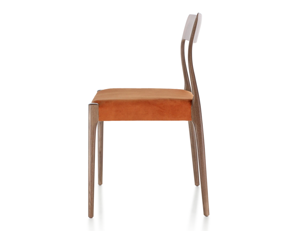 Scandinavian chair wood stained dark brown seat terracotta velvet fabric Scandinavian chair wood stained dark brown seat terracotta velvet fabric