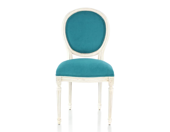 Chaise ancienne style Louis XVI teinte blanche cérusée tissu bleu turquoise