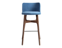 Tabouret de bar h80 cm bois teinte marron foncée assise tissu bleu jeans Tabouret de bar h80 cm bois teinte marron foncée assise tissu bleu jeans