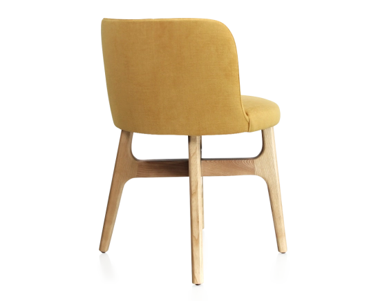 Designer chair natural wood stain yellow fabric seat