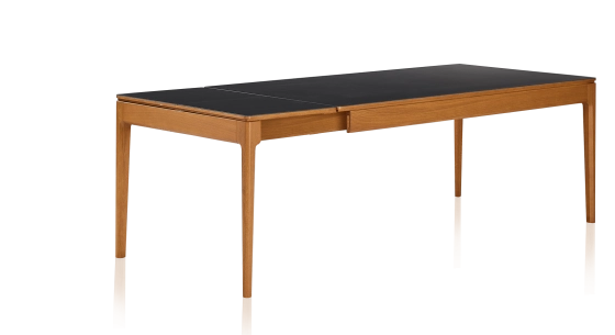 Table extensible 8 à 12 personnes en chêne et céramique allonges céramique avec bois teinte merisier et plateau et allonges céramique noire unie 180x100 cm