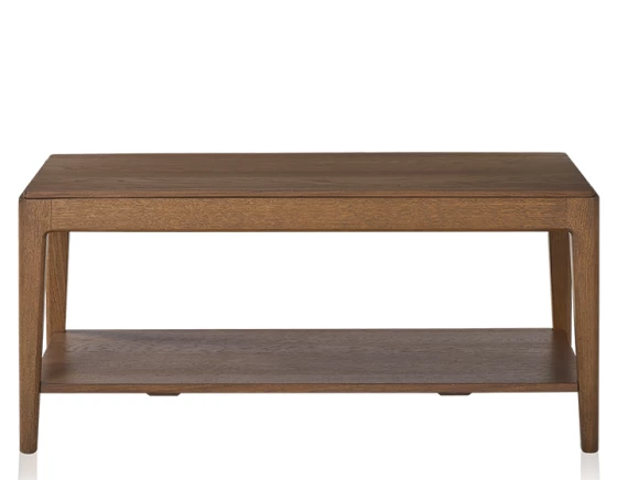 Table basse rectangulaire en chêne teinte noyer dessus bois avec tablette 100x50 cm