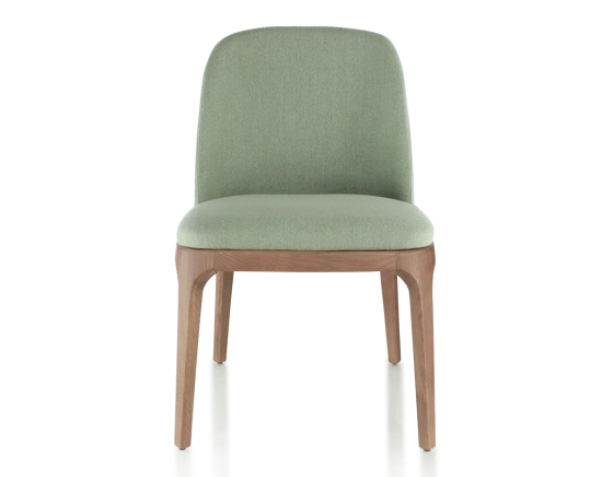 Designer chair walnut-stained wood and sage green fabric