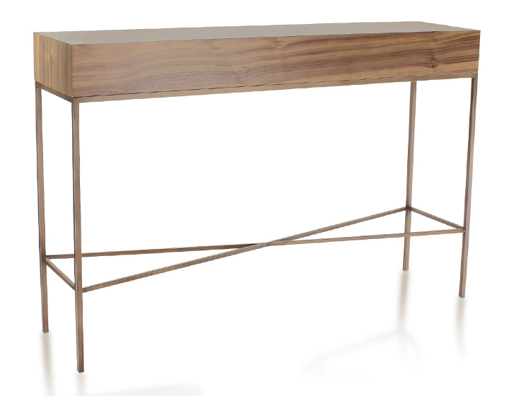 Console design noyer teinte naturelle et métal patine laiton 100 cm Console design noyer teinte naturelle et métal patine laiton 100 cm