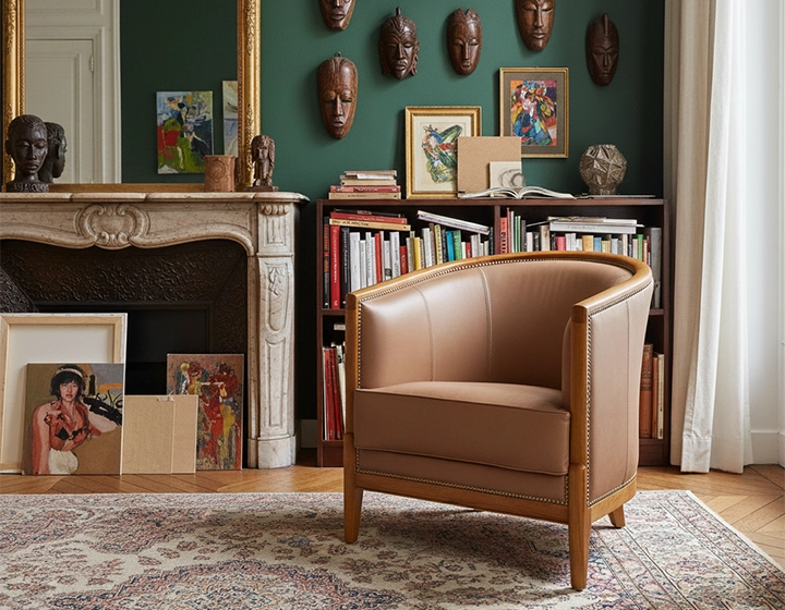 Fauteuil ancien teinte merisier et cuir noisette Fauteuil ancien teinte merisier et cuir noisette