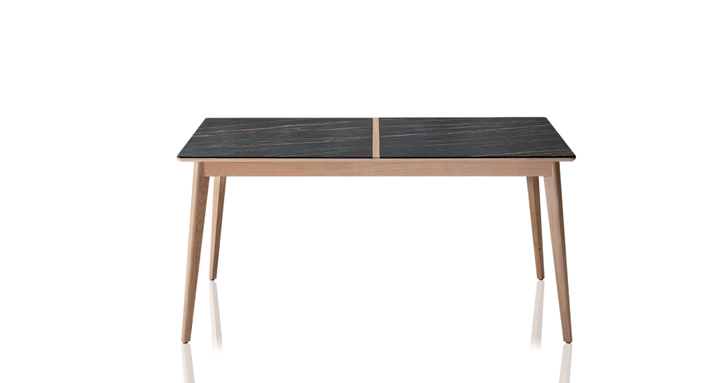 Table extensible 8 à 12 personnes en chêne et céramique allonges bois avec bois teinte naturelle et plateau céramique effet marbre noir 160x100 cm Table extensible 8 à 12 personnes en chêne et céramique allonges bois avec bois teinte naturelle et plateau céramique effet marbre noir 160x100 cm