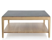 Table basse carrée en chêne et céramique avec tablette en bois teinte naturelle plateau céramique effet ardoise 100x100 cm Table basse carrée en chêne et céramique avec tablette en bois teinte naturelle plateau céramique effet ardoise 100x100 cm