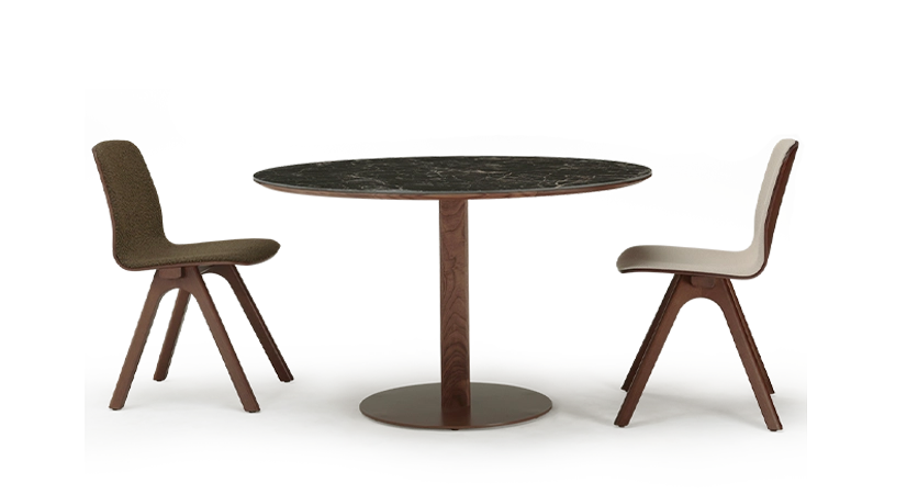 Round walnut and ceramic dining table for 4 to 6 people with a natural wood finish and a black m2 marble-effect ceramic top. 110x110 Round walnut and ceramic dining table for 4 to 6 people with a natural wood finish and a black m2 marble-effect ceramic top. 110x110