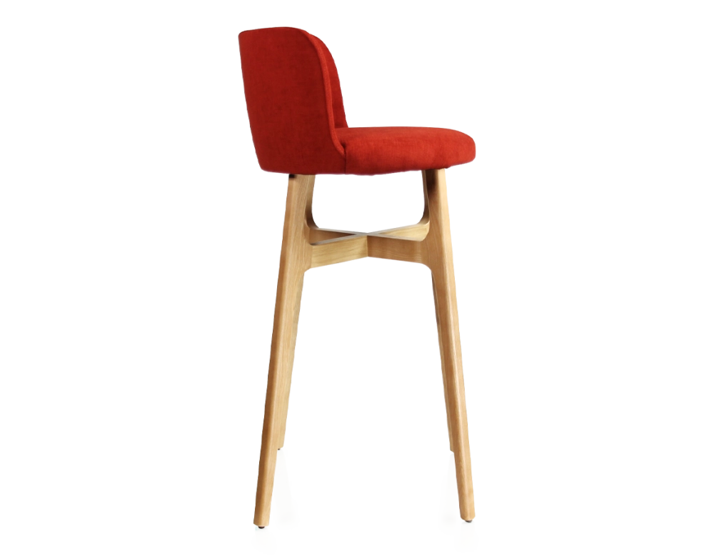Bar stool h80 cm natural stained wood, burnt orange fabric seat Bar stool h80 cm natural stained wood, burnt orange fabric seat