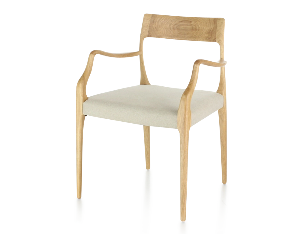 Scandinavian armchair with armrests natural wood stain camel fabric seat Scandinavian armchair with armrests natural wood stain camel fabric seat