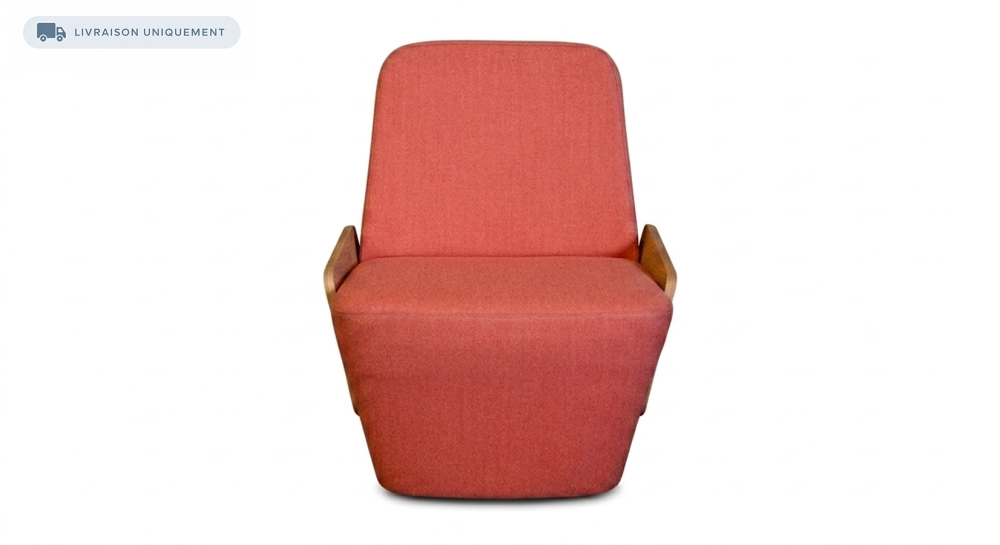Designer armchair without armrests oak natural finish with pink fabric seat
