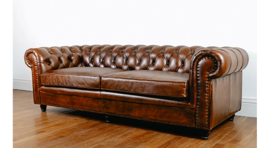 3 seater Chesterfield leather sofa brown vintage studded armchairs