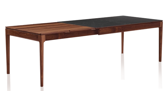 Table extensible 6 à 10 personnes en noyer et céramique allonges bois avec bois teinte naturelle et plateau céramique effet ardoise 140x90 cm
