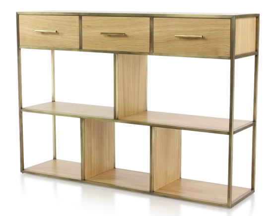 Console design frêne teinte naturelle et métal patine laiton