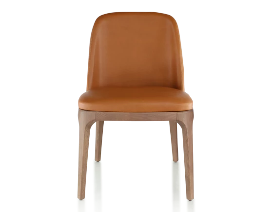 Chaise design bois teinte noyer et cuir caramel
