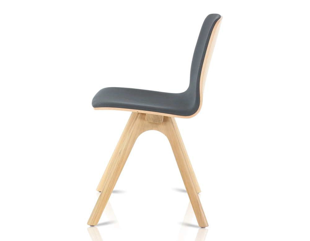 Upholstered oak designer chair natural wood stain, anthracite grey fabric seat Upholstered oak designer chair natural wood stain, anthracite grey fabric seat