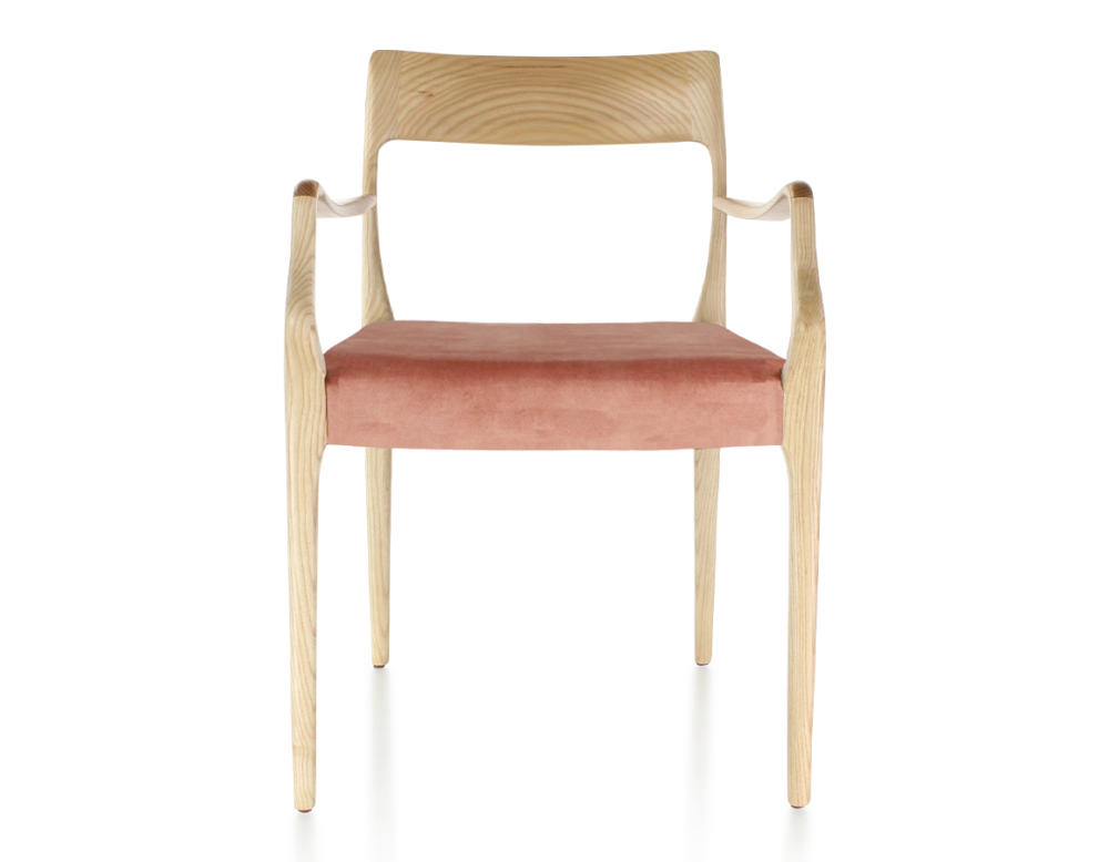 Scandinavian armchair with armrests natural wood stain, seat pale pink velvet fabric Scandinavian armchair with armrests natural wood stain, seat pale pink velvet fabric