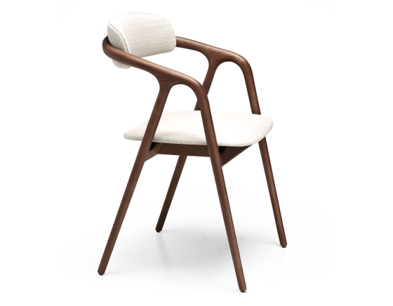 Scandinavian chair walnut wood with a natural beige fabric seat.