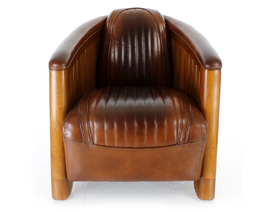 Fauteuil club bois et cuir marron vintage