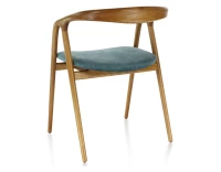 Chaise scandinave bois teinte merisier assise tissu velours bleu pétrole