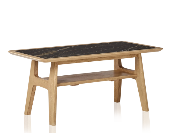 Table basse rectangulaire en chêne et céramique avec bois teinte naturelle plateau céramique effet marbre noir 100x50 cm