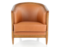 Fauteuil ancien accoudoirs moulurés bois teinte ancienne et cuir caramel