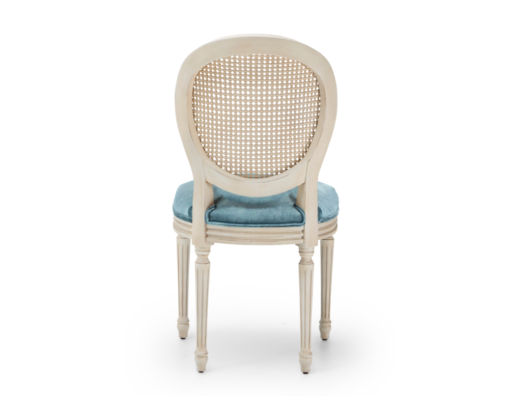Louis XVI style antique chair white cerused wood with cane backrest and petrol blue velvet seat. Louis XVI style antique chair white cerused wood with cane backrest and petrol blue velvet seat.