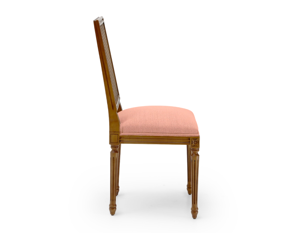 Chaise ancienne style Louis XVI dossier canné assise tissu rose corail Chaise ancienne style Louis XVI dossier canné assise tissu rose corail
