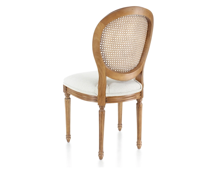 Chaise ancienne style Louis XVI bois teinte ancienne dossier canné assise tissu beige naturel Chaise ancienne style Louis XVI bois teinte ancienne dossier canné assise tissu beige naturel