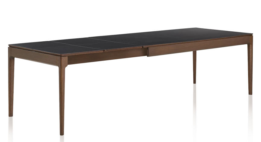 Table extensible en chêne et céramique allonges céramique avec bois teinte marron foncé et plateau et allonges céramique noire unie 140x90 cm