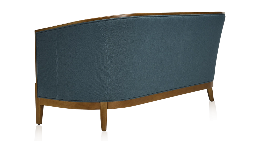 Canapé ancien 3 places accoudoirs moulurés bois teinte ancienne et tissu bleu océan