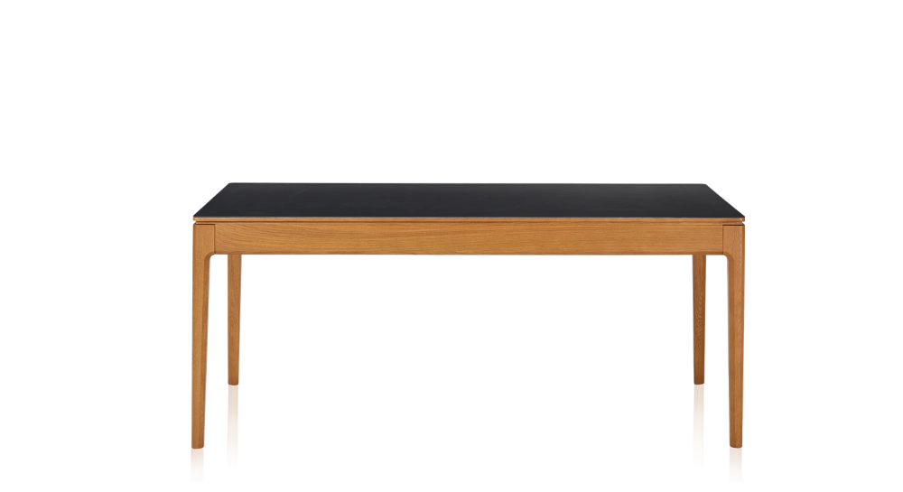 Table extensible 8 à 12 personnes en chêne et céramique allonges céramique avec bois teinte merisier et plateau et allonges céramique noire unie 180x100 cm