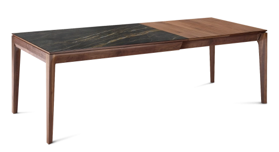 Table extensible 8 à 10 personnes en noyer et céramique allonges bois avec bois teinte naturelle et plateau céramique effet marbre noir 180x90 cm