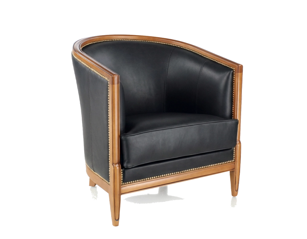 Fauteuil ancien accoudoirs moulurés bois teinte ancienne et cuir noir