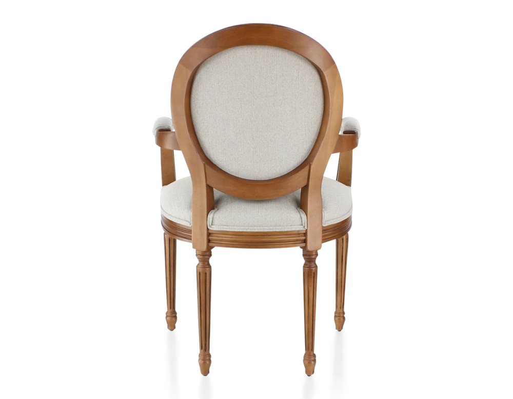 Chaise ancienne style Louis XVI avec accoudoirs bois teinte ancienne et tissu beige naturel Chaise ancienne style Louis XVI avec accoudoirs bois teinte ancienne et tissu beige naturel