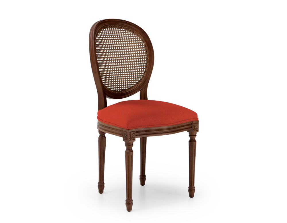Louis XVI style antique chair dark brown stained wood with cane backrest and burnt orange fabric seat. Louis XVI style antique chair dark brown stained wood with cane backrest and burnt orange fabric seat.