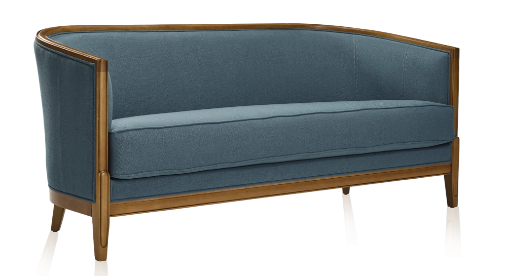 Canapé ancien 3 places accoudoirs moulurés bois teinte ancienne et tissu bleu océan