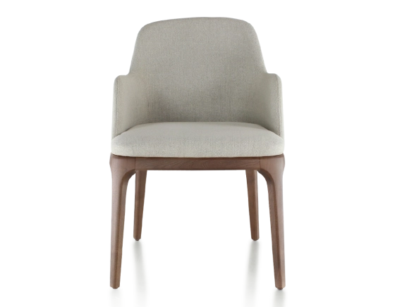 Designer chair with armrests dark brown stained wood and natural beige fabric