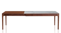 Table extensible 8 à 14 personnes en noyer et céramique allonges bois avec bois teinte naturelle et plateau céramique effet marbre blanc 210x100 cm Table extensible 8 à 14 personnes en noyer et céramique allonges bois avec bois teinte naturelle et plateau céramique effet marbre blanc 210x100 cm