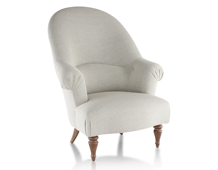 Fauteuil crapaud avec accoudoirs pieds bois teinte noyer et tissu beige naturel haut dossier Fauteuil crapaud avec accoudoirs pieds bois teinte noyer et tissu beige naturel haut dossier