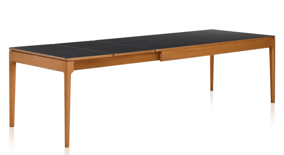 Table extensible 8 à 12 personnes en chêne et céramique allonges céramique avec bois teinte merisier et plateau et allonges céramique noire unie 180x100 cm