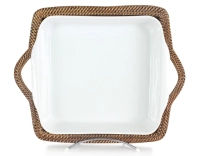 Plat porcelaine carré avec support en fleur de rotin grand modèle Plat porcelaine carré avec support en fleur de rotin grand modèle