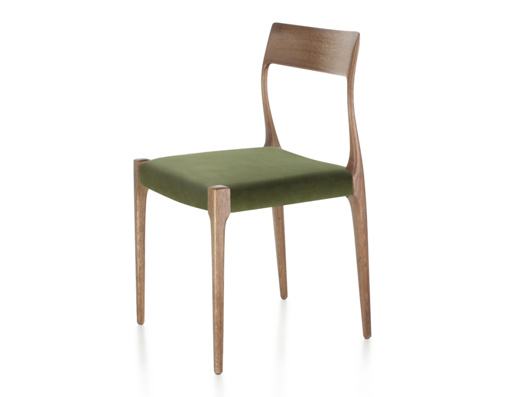 Chaise scandinave bois teinte noyer assise tissu vert olive
