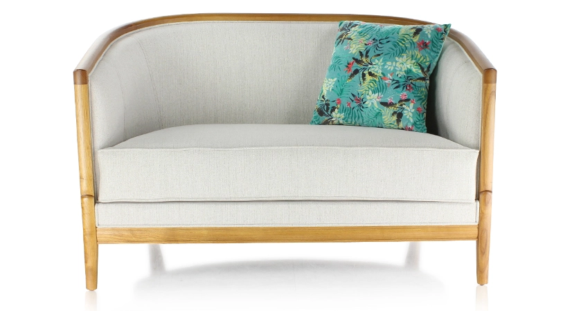 Canapé ancien 2 places bois teinte merisier et tissu beige naturel Canapé ancien 2 places bois teinte merisier et tissu beige naturel